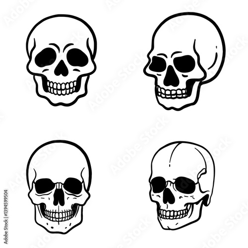 skull head line art set illustration with cartoon theme on white background