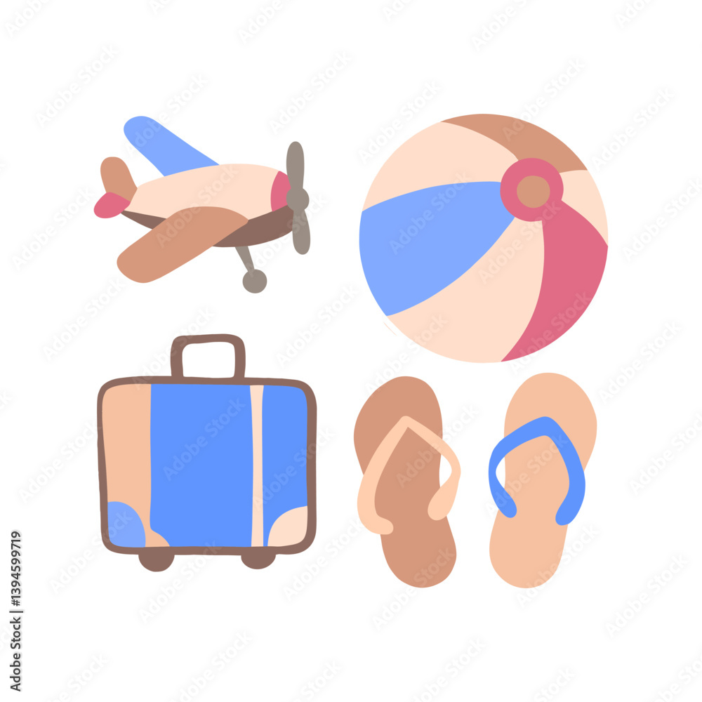 Illustration set of summer theme, namely airplane, suitcase, beach ball, and sandals on white background Illustration set of summer theme, namely airplane, suitcase, beach ball, and sandals on white background