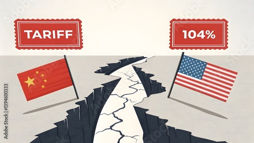 A conceptual digital illustration depicting a symbolic trade bridge connecting the flag of China on the left and the flag of the United States on the right. A deep crack runs through the center of the