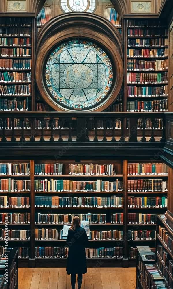 A woman standing in a grand library, surrounded by towering bookshelves and a stained glass window. A woman standing in a grand library, surrounded by towering bookshelves and a stained glass window.