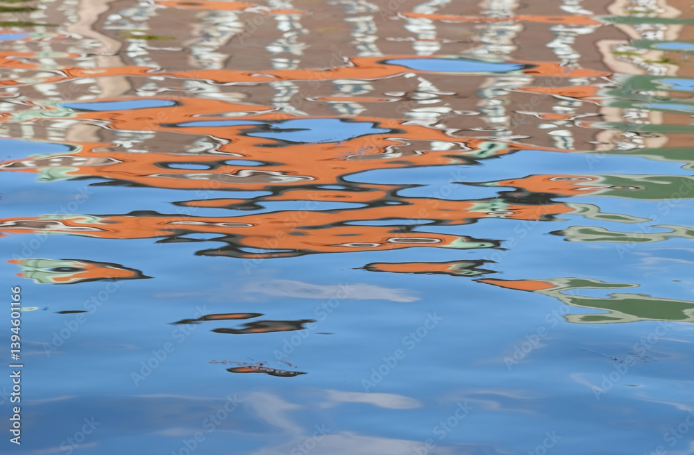 Colorful reflection on the water surface. Seaside in Helsinki, Finland. Play of yellow and orange colors in gently rippling water. The colors form an abstract pattern.