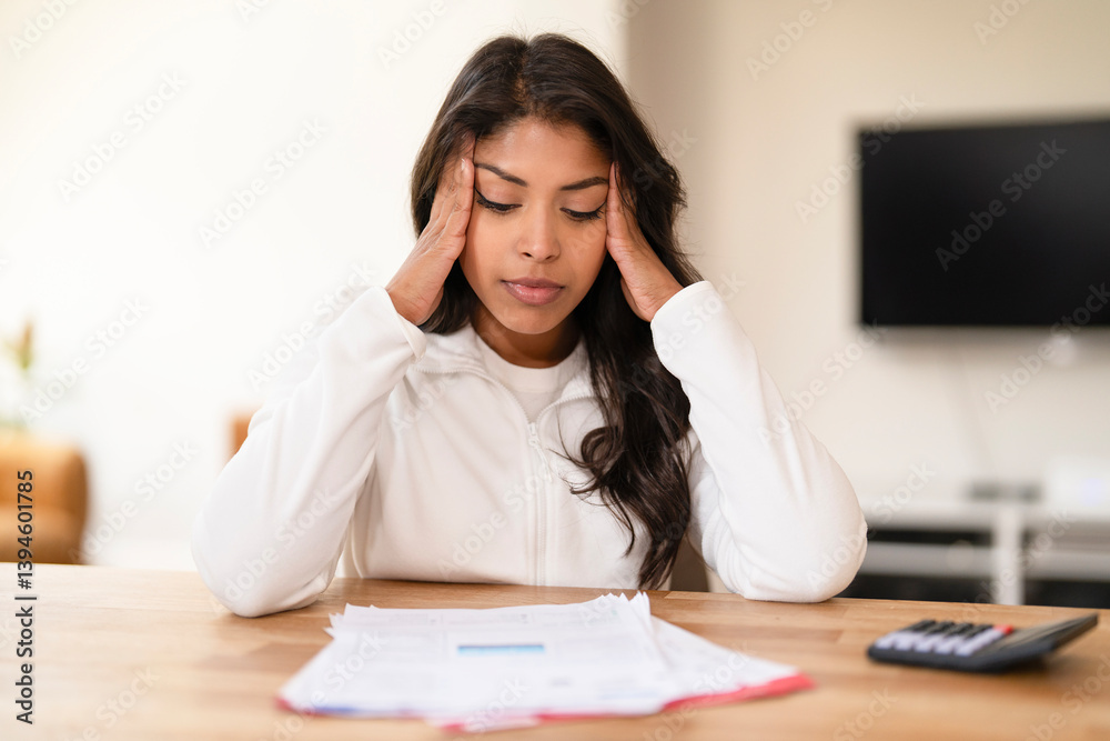 Young woman experiencing stress while reviewing paperwork in a cozy indoor setting during the day Young woman experiencing stress while reviewing paperwork in a cozy indoor setting during the day
