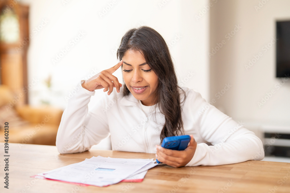 Woman reviewing documents while using smartphone in a cozy indoor setting during the daytime Woman reviewing documents while using smartphone in a cozy indoor setting during the daytime