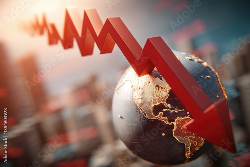 Red arrow diagraphs showing big money stock market crash and recession globally. Earth globe in the background