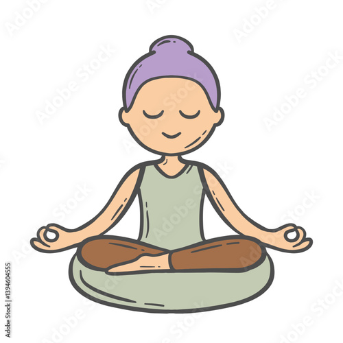 illustration of cartoon woman meditating with simple colors and white background