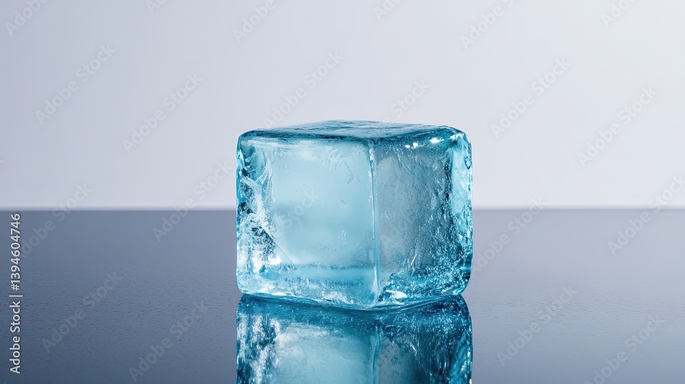 Blue ice cube on reflective surface Blue ice cube on reflective surface