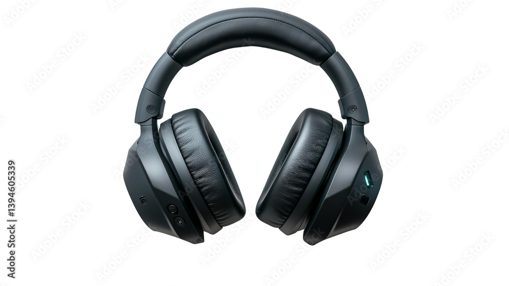 Fototapeta premium Png of Sleek black wireless headphones with plush ear cups and controls, perfect for immersive sound experiences.