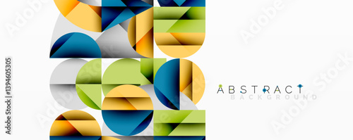 Geometric shapes overlap, creating vibrant abstract composition. Yellows, blues, greens, grays combine for modern design. Clean lines, minimalist aesthetic present.
