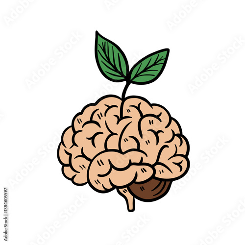 simple illustration of brain with growing plant seeds meaning mental health on white background