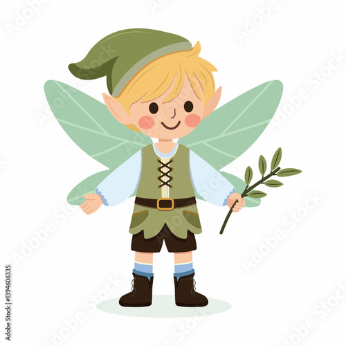 Cute forest fairy boy with wings on white background. Flora and Fauna. Poster, Banner, Flyer, Greeting Card. Vector illustration in flat cartoon style