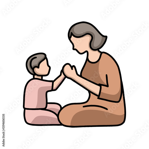 illustration of mother and son holding hands on white background