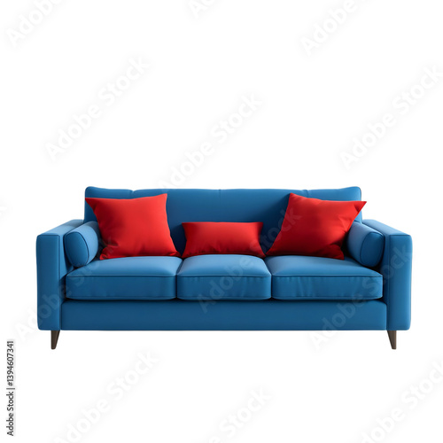 Blue sofa with red cushions with a white background