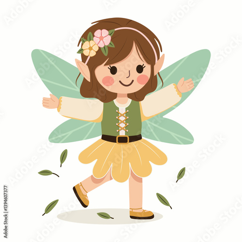 Cute forest fairy girl with wings on white background. Flora and Fauna. Poster, Banner, Flyer, Greeting Card. Vector illustration in flat cartoon style