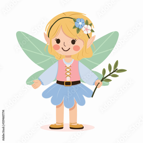 Cute forest fairy girl with wings on white background. Flora and Fauna. Poster, Banner, Flyer, Greeting Card. Vector illustration in flat cartoon style