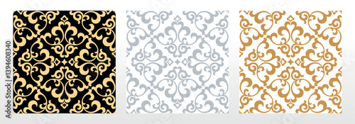 Wallpapers in the style of Baroque. Seamless vector backgrounds. Set of colored floral ornaments. Graphic patterns for fabric, wallpaper, packaging. Ornate Damask flower ornaments