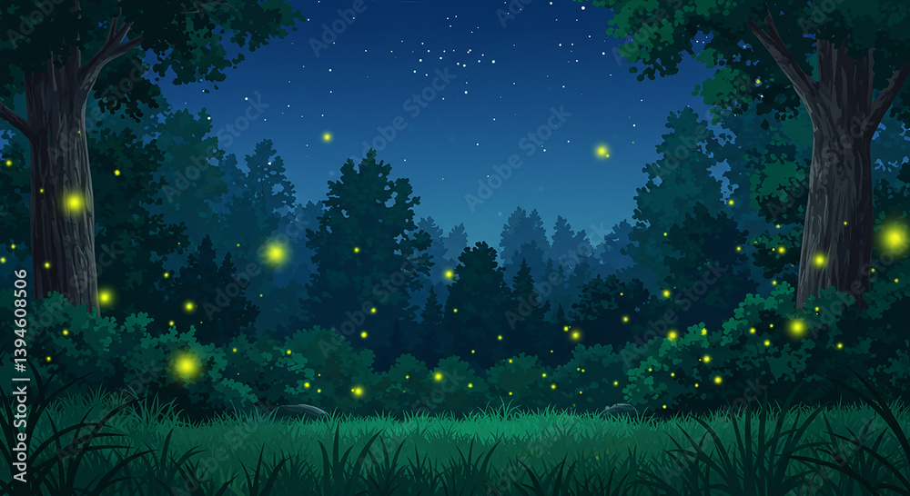 Naklejka premium Enchanting Night Forest Scene with Glowing Fireflies and Starry Sky