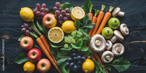 Fototapeta Naklejka Na Ścianę i Meble -  Overhead view of fresh produce including fruits vegetables and mushrooms on dark textured background.