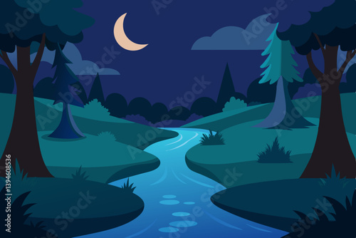 night landscape with forest and river