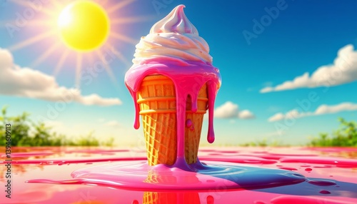 Melting ice cream cone under the bright sun with colorful drips