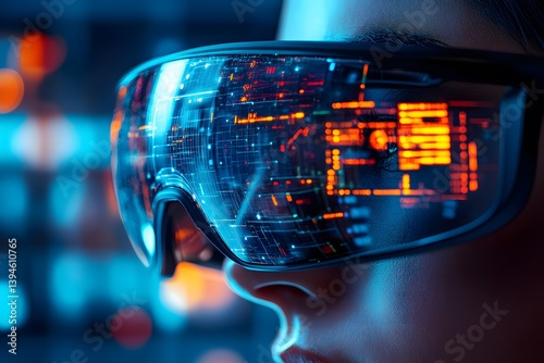 Wallpaper Mural Close-Up of Futuristic Augmented Reality Glasses Reflecting Virtual Cityscape at Night Torontodigital.ca