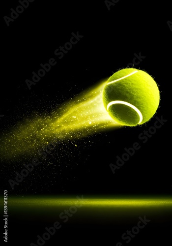 Fast-Moving Tennis Ball with Light Trails on Black Background