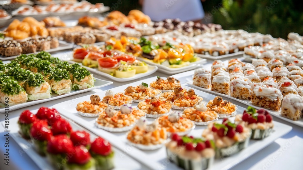 Outdoor buffet with diverse appetizers and desserts Outdoor buffet with diverse appetizers and desserts