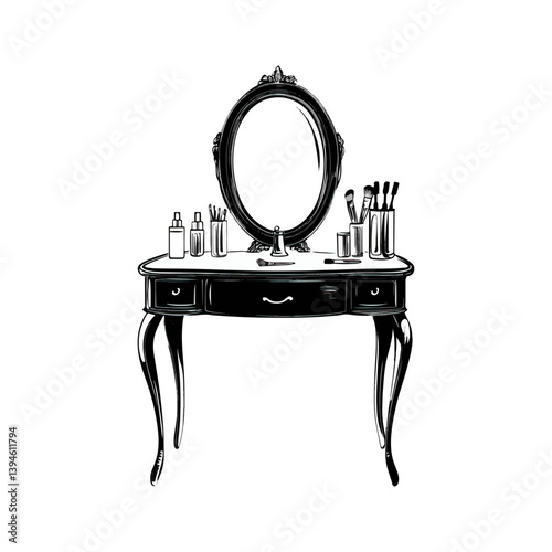 Dressing table, furniture, vector, transparent background, black and white style