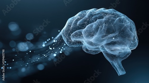 Exploration of digital human brain connected to extensive neural network, depicting flowing data streams and electric pulses in a futuristic AI landscape