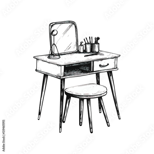 Dressing table, furniture, vector, transparent background, black and white style