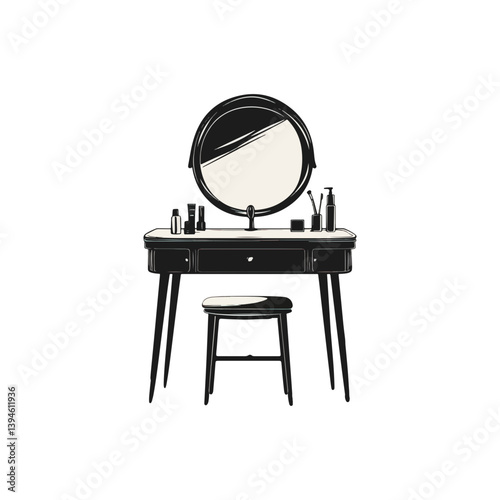 Dressing table, furniture, vector, transparent background, black and white style