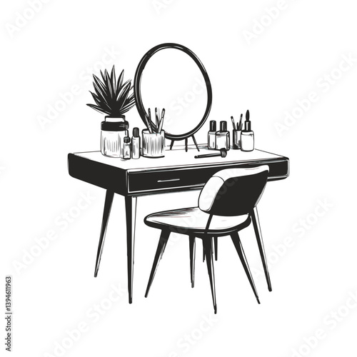 Dressing table, furniture, vector, transparent background, black and white style