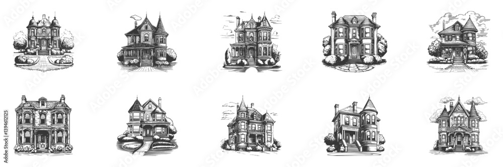 Fototapeta premium Victorian House Illustrations Set In Vintage Style. Architectural Heritage And Historical Charm In Hand Drawn Sketch Style. Isolated Vector Illustration