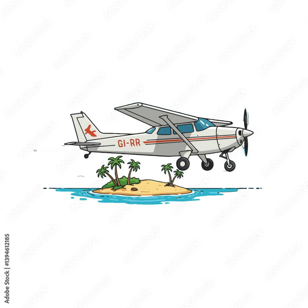 Airplane flying over a tropical island with palm trees Airplane flying over a tropical island with palm trees