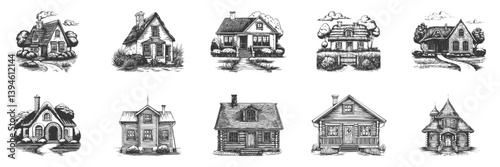 Charming Vintage Cottage And House Illustrations Set. Architectural Heritage And Rustic Living In Hand Drawn Sketch Style. Isolated Vector Illustration