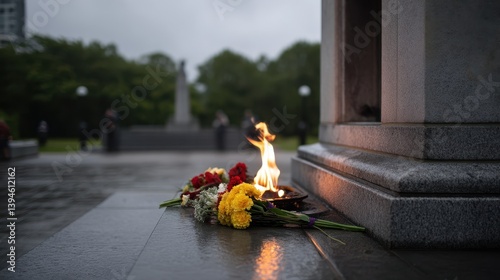 Eternal flame flickers softly at the war memorial, surrounded by vibrant flowers as a gentle breeze carries whispers of remembrance and heroism
