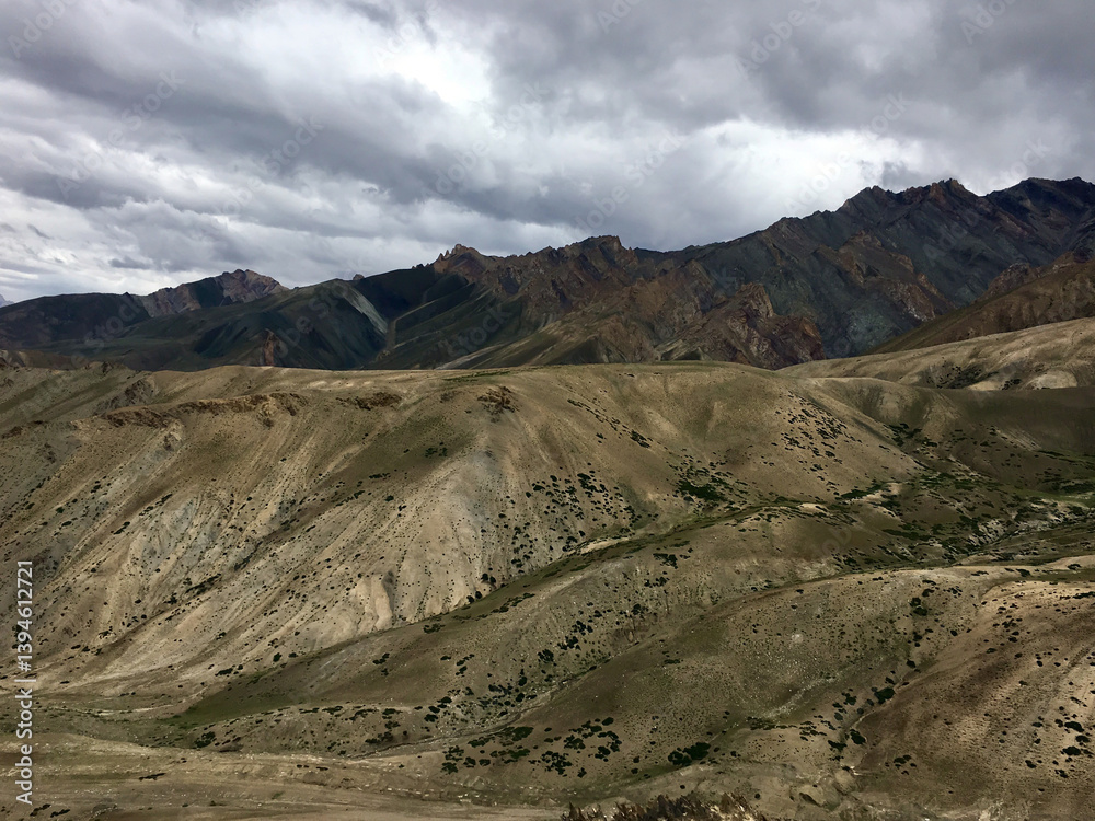 A breathtaking view of Leh Ladakh reveals expansive hills and dramatic mountain ranges, all under a dynamic cloud-filled sky A breathtaking view of Leh Ladakh reveals expansive hills and dramatic mountain ranges, all under a dynamic cloud-filled sky