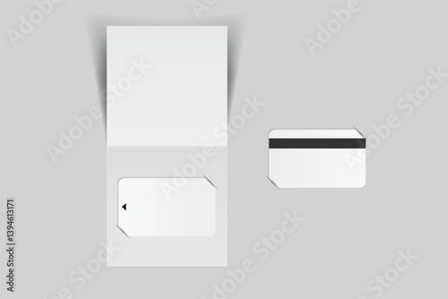 3D Realistic plastic hotel apartment keycard and booklet holder, open leaflet, bifold mockup isolated on background. Blank template  for hotel key card, credit card, notecard, postcard, invitation
