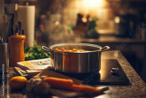 Cooking a delicious meal in a warmly lit domestic kitchen photo