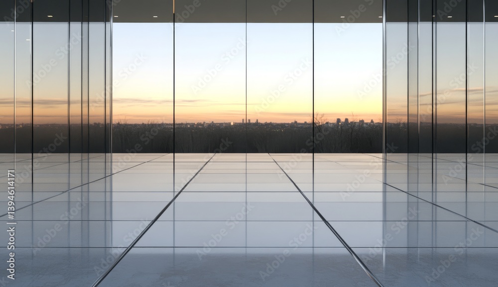 custom made wallpaper toronto digitalA view of a city at sunset from an empty room with tiled floor and large windows