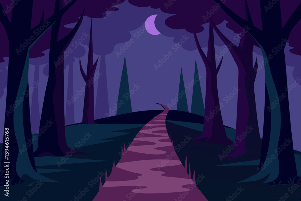 night landscape with forest and trees
