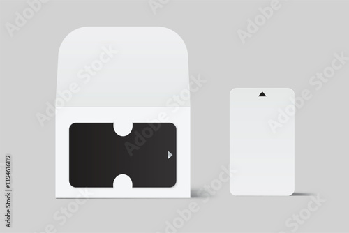 3D Realistic plastic hotel apartment keycard and booklet holder, open leaflet, bifold mockup isolated on background. Blank template  for hotel key card, credit card, notecard, postcard, invitation
