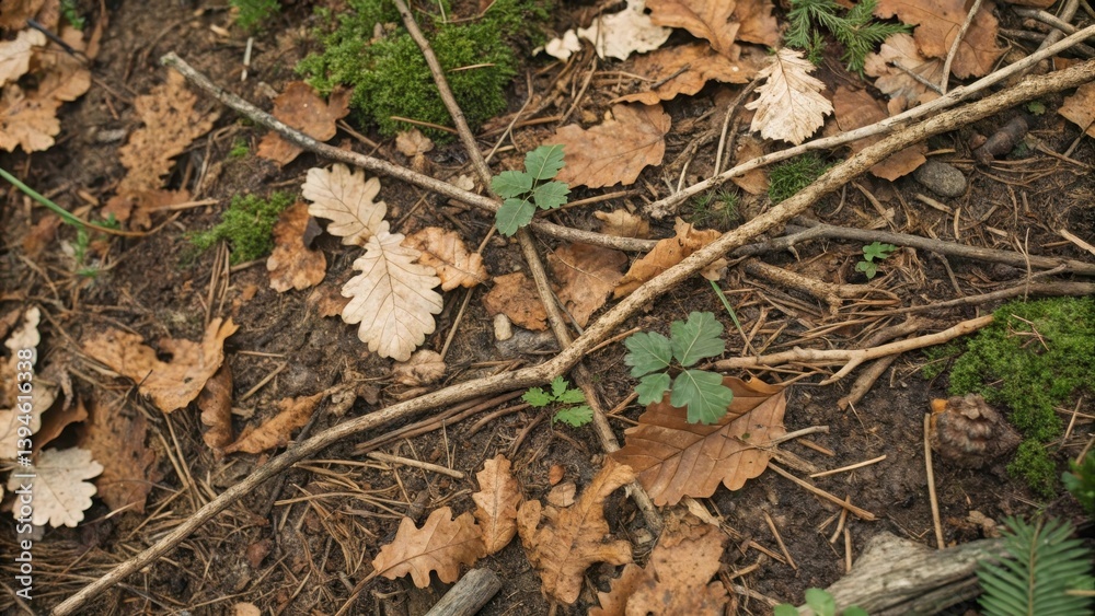 Dry leaves and twigs scattered on the forest floor in muted colors. Dry leaves and twigs scattered on the forest floor in muted colors.