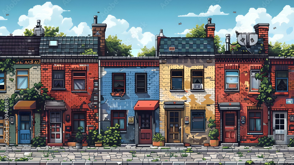 Fototapeta premium Colorful Pixel Art Row Houses Depicting an Old Street View With Brick Facades and Vibrant Architecture