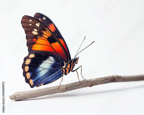 A single vibrantly colored butterfly with its wings fully spread, resting on a twig, crisp isolated on a white background, highdefinition details photo