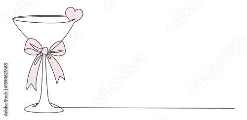 Romance Glass Cocktail with Pink Bow and Heart. One Continuous Simple Linear Drawing Coquette Aesthetic Drink. Girly Vibe. Vector Horizontal Illustration. Hand Drawn Monoline. Valentines Day