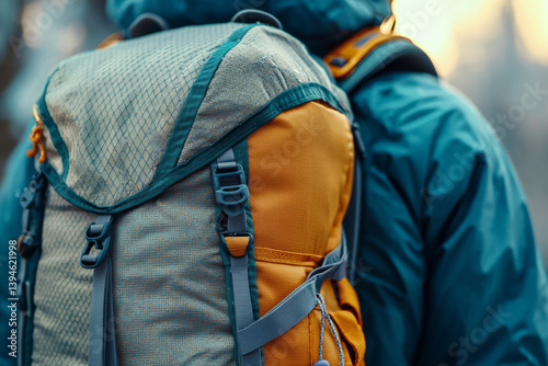 Backpack with harness detail worn by traveler in jacket