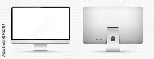 Realistic computer screen mockup. Computer monitor front and back view on transparent background.