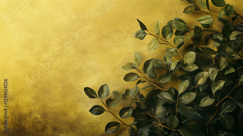 Painting of a leafy green bush with a yellow background