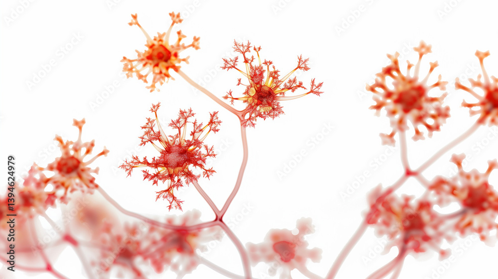 Close-up of glowing neuron synapses with vibrant neurotransmitters in microscopic brain scan, neural network and brain activity concept, neuroscience and medical research.