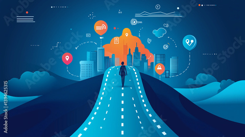vector illustration of a roadmap with milestone icons launch, growth, success, person walking along it, business journey to goal concept, clean flat corporate design